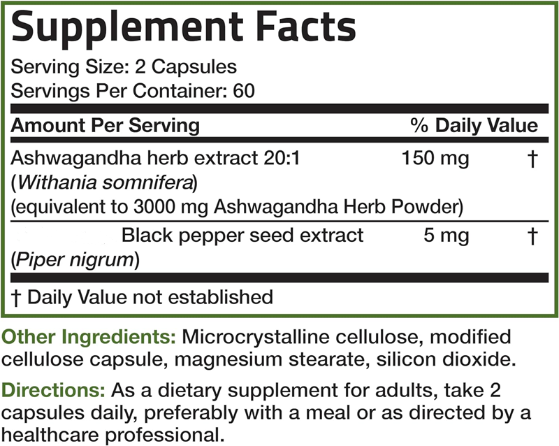 ashwagandha capsules supplement fact