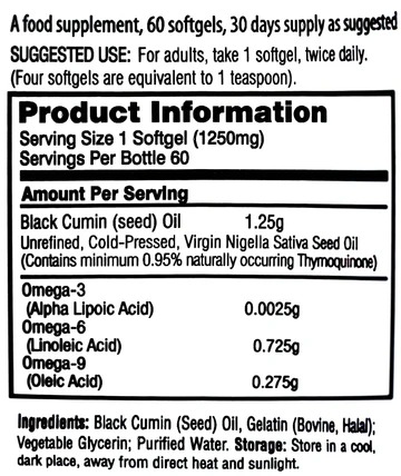 black seed oil softgels supplement fact
